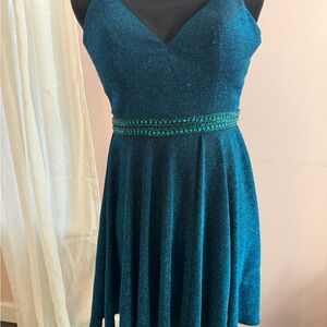 Splash Teal Shimmer V-Neck Mini Dress